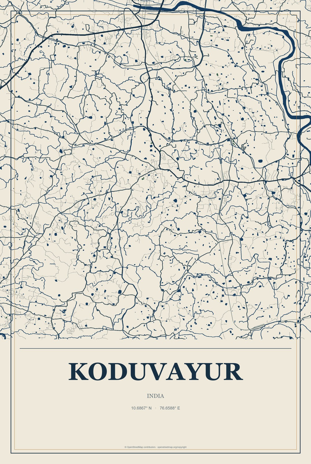 Koduvayur, India City Map Aluminum Sign in Coastal Cutout style