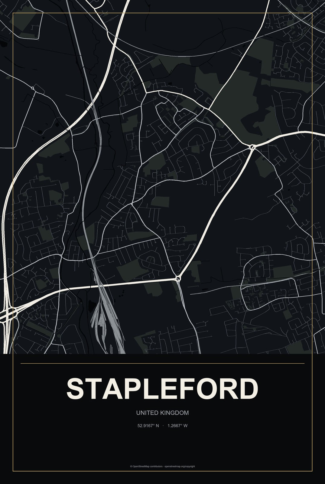 Stapleford, United Kingdom City Map Aluminum Sign in Metropolitan Noir style