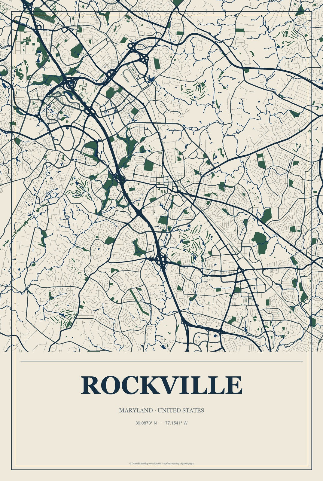 Rockville, Maryland City Map Aluminum Sign in Coastal Cutout style