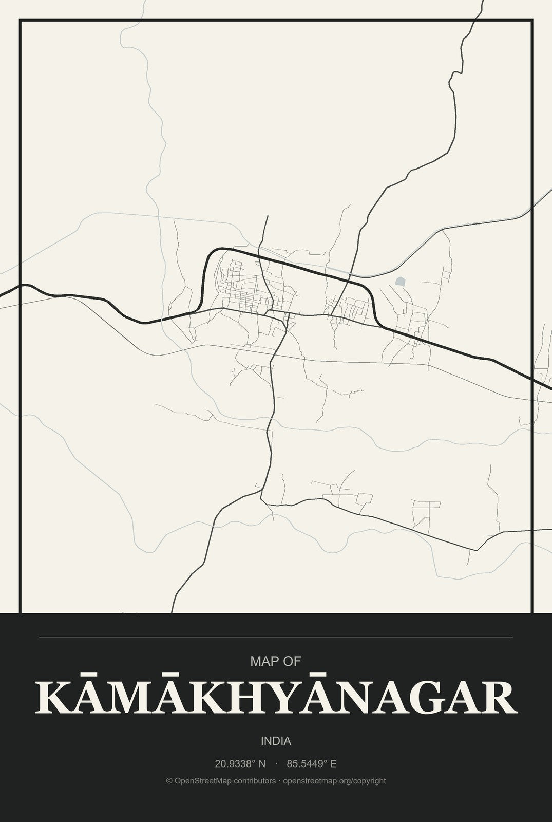 Kāmākhyānagar, India City Map Aluminum Sign in Museum Plaque style