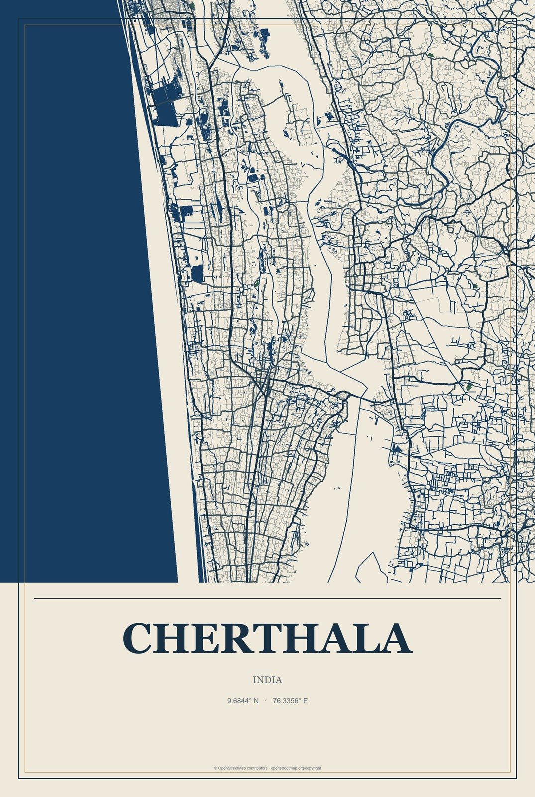 Cherthala, India City Map Aluminum Sign in Coastal Cutout style