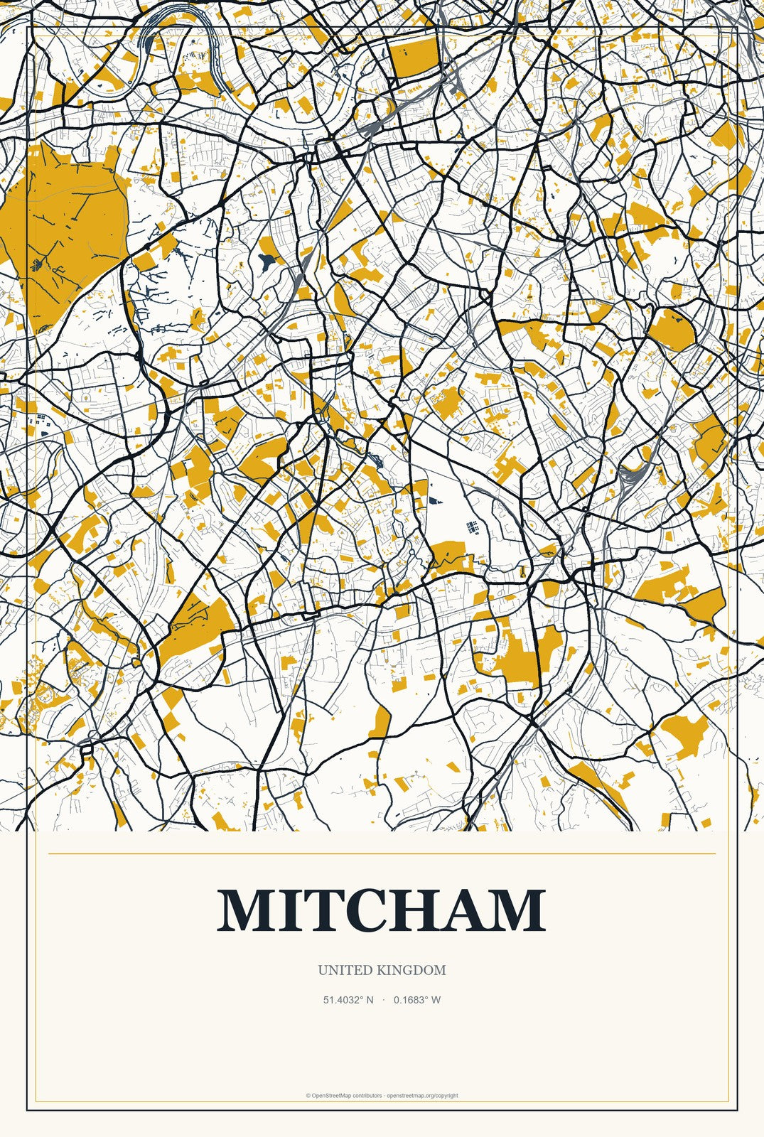 Mitcham, United Kingdom City Map Aluminum Sign in Citrine Modern style