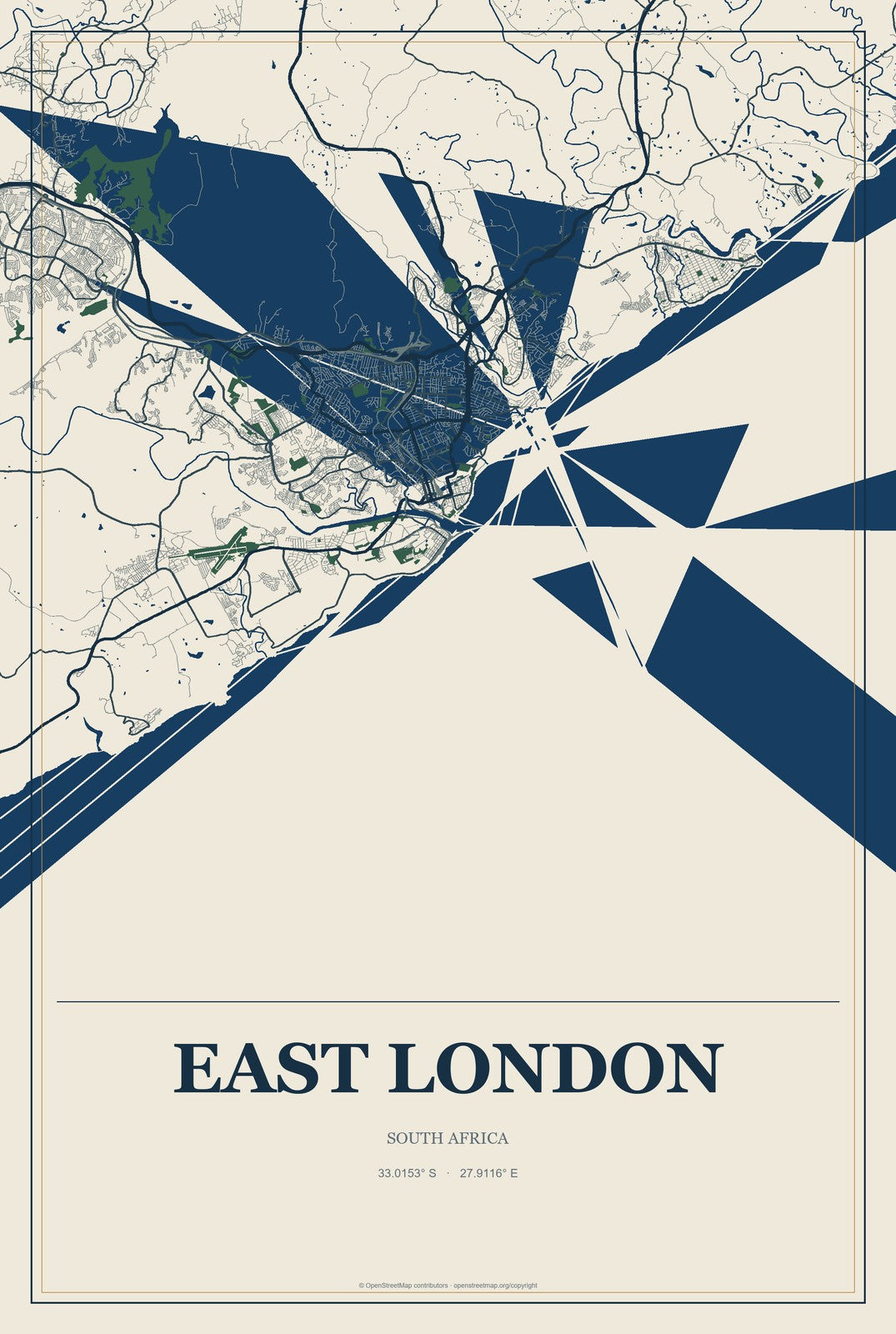 East London, South Africa City Map Aluminum Sign in Coastal Cutout style