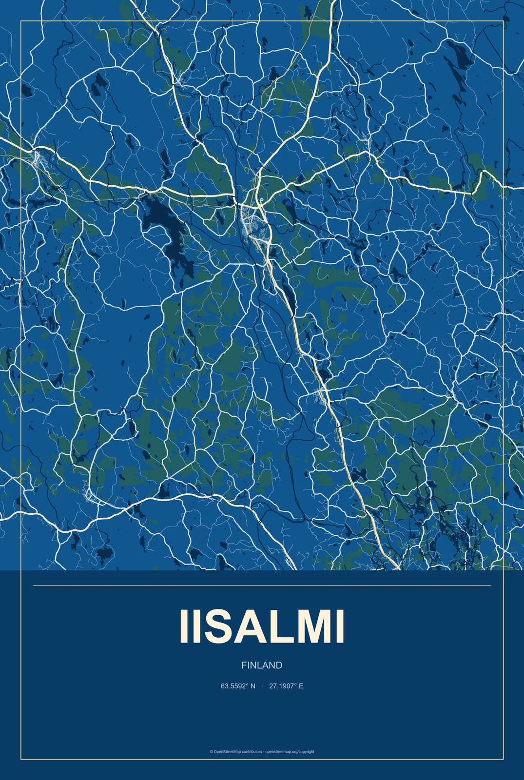Iisalmi, Finland City Map Aluminum Sign in Harbor Cobalt style