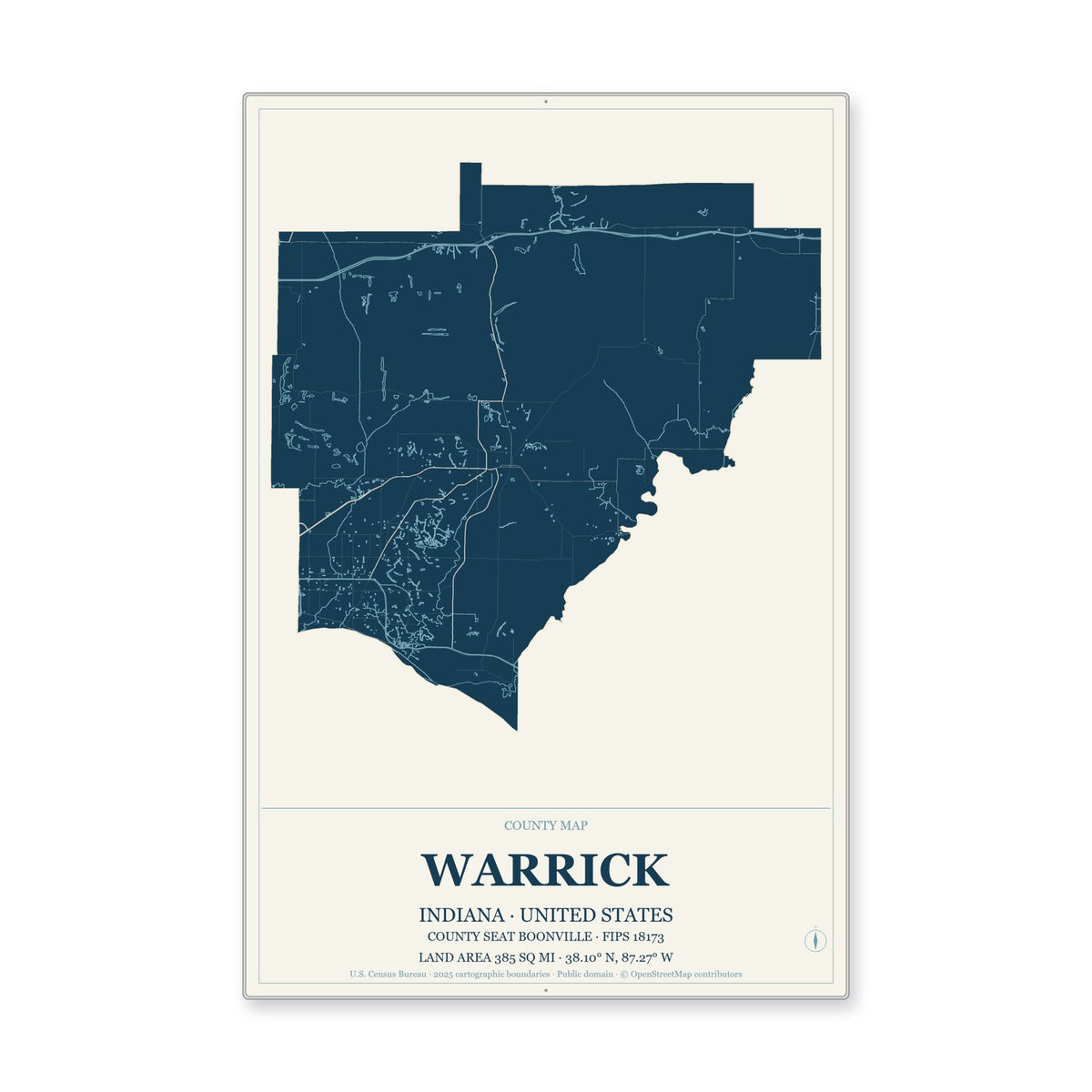 Warrick County, Indiana Map Aluminum Sign in Coastal Cutout style