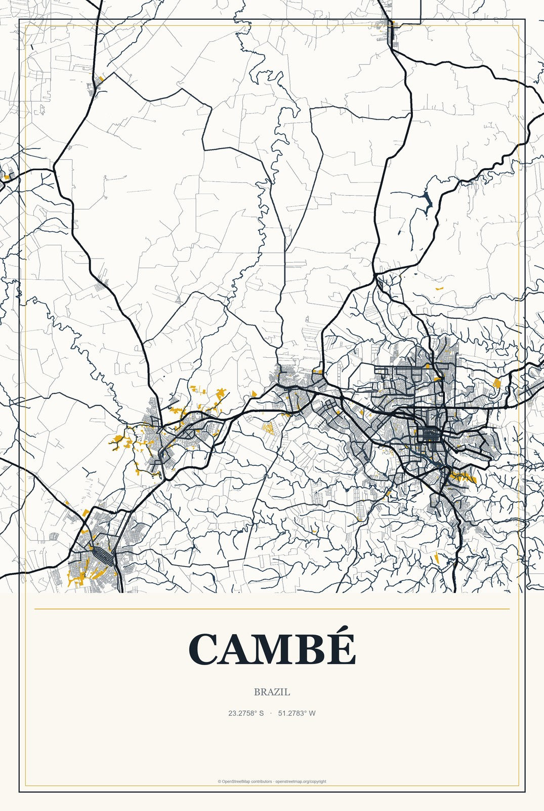 Cambé, Brazil City Map Aluminum Sign in Citrine Modern style
