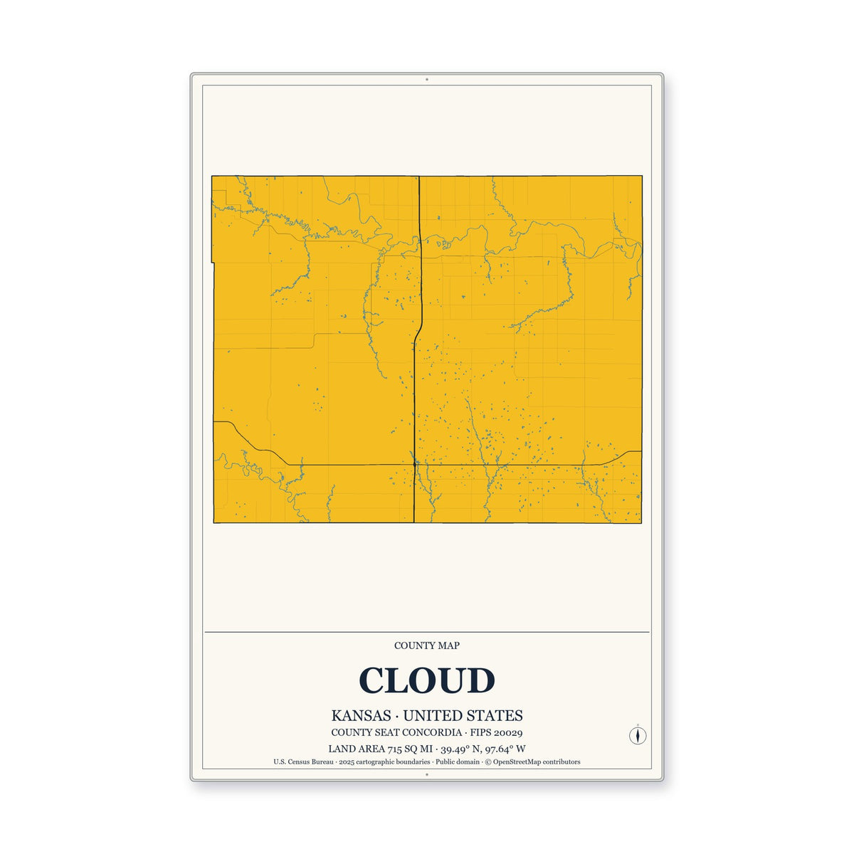 Cloud County, Kansas Map Aluminum Sign in Citrine Modern style