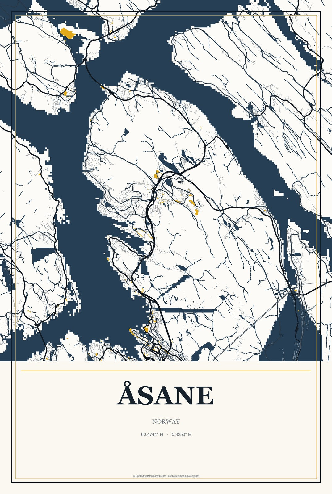 Åsane, Norway City Map Aluminum Sign in Citrine Modern style