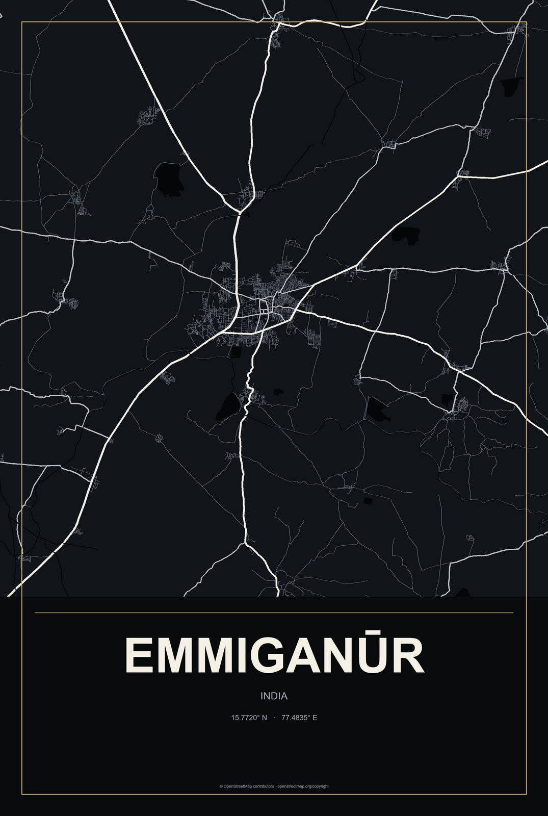 Emmiganūr, India City Map Aluminum Sign in Metropolitan Noir style