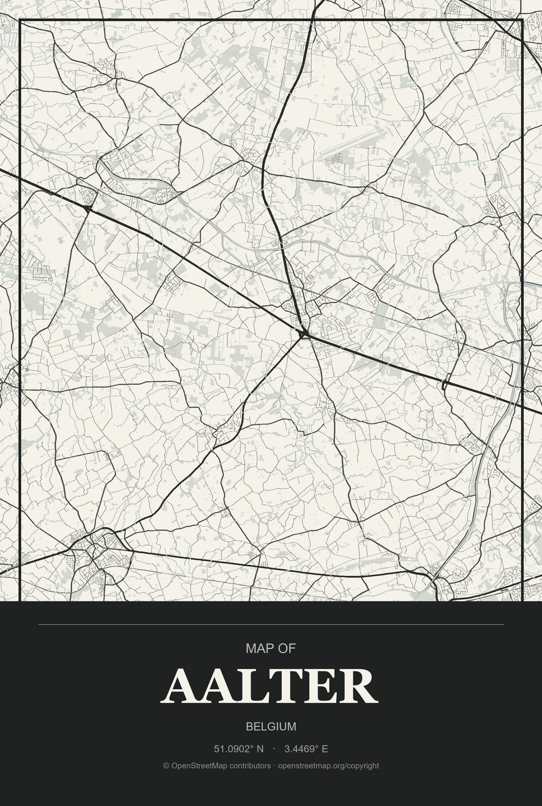 Aalter, Belgium City Map Aluminum Sign in Museum Plaque style