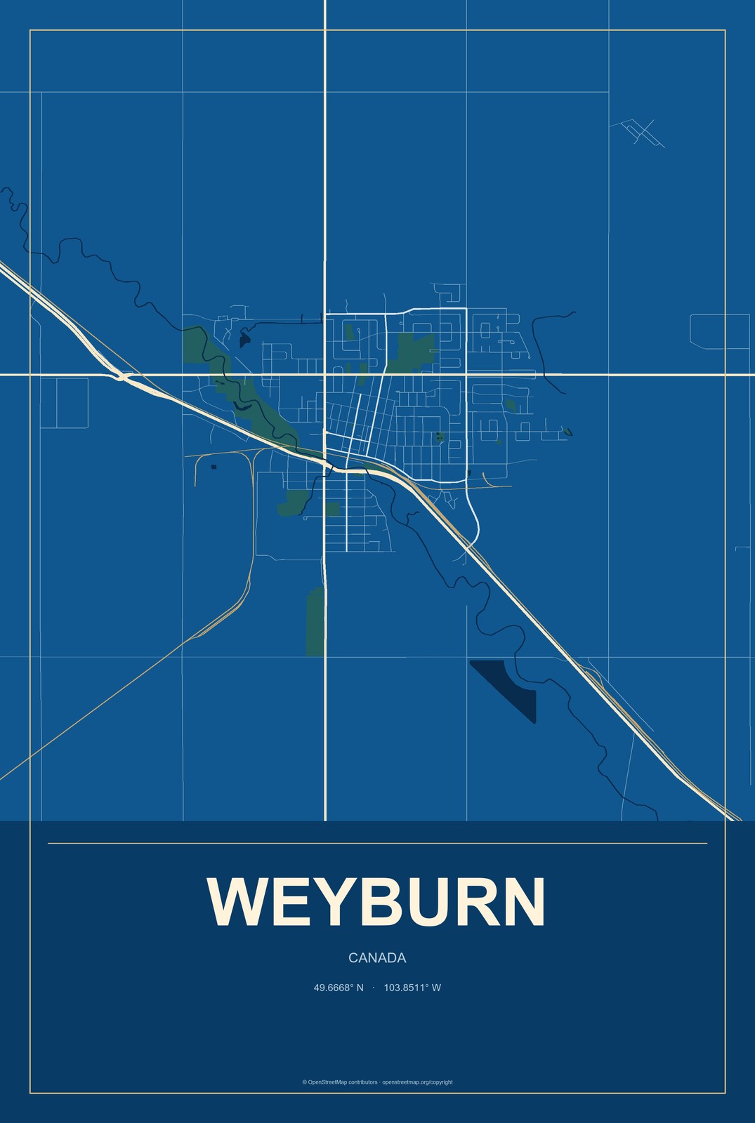 Weyburn, Canada City Map Aluminum Sign in Harbor Cobalt style