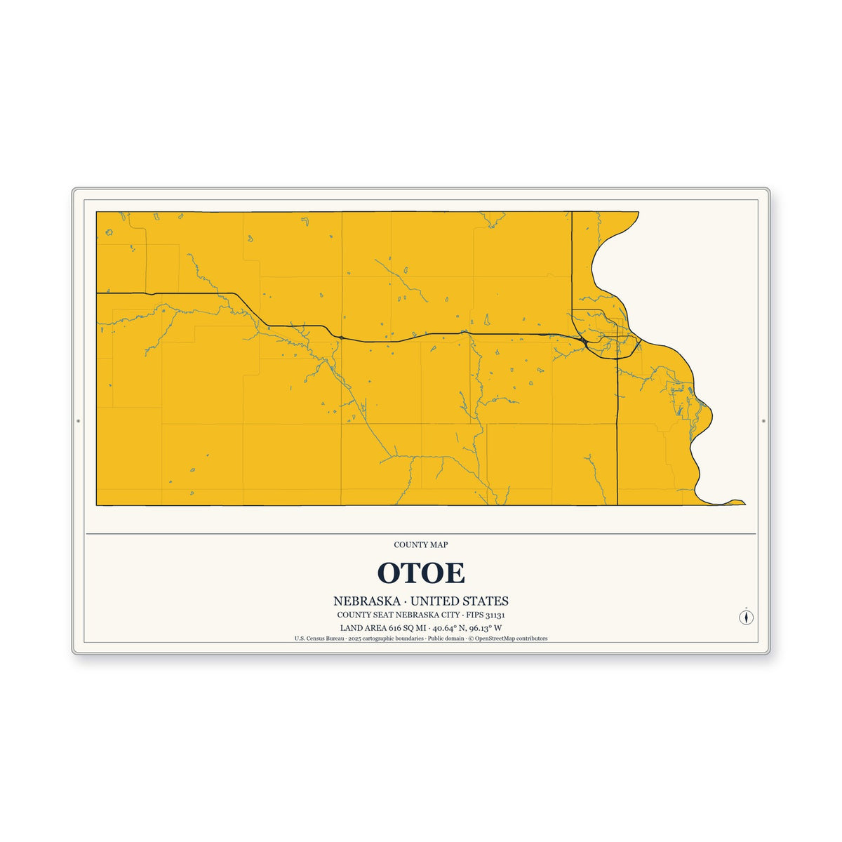 Otoe County, Nebraska Map Aluminum Sign in Citrine Modern style