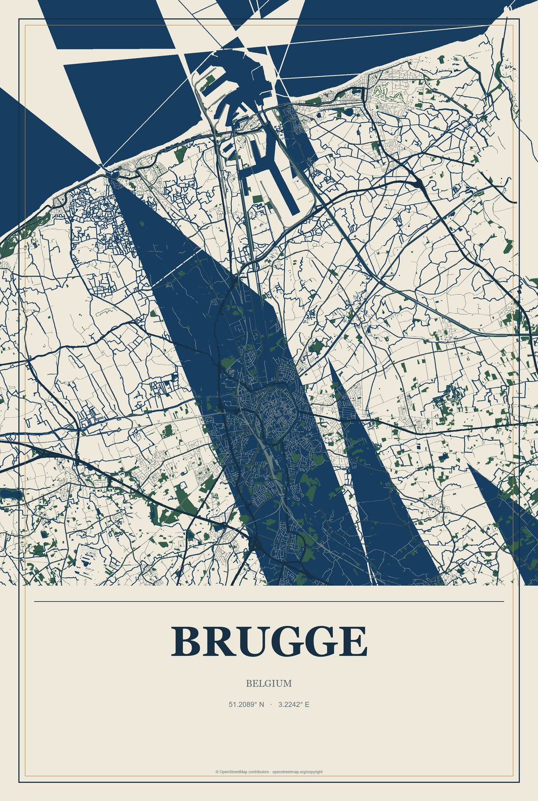 Brugge, Belgium City Map Aluminum Sign in Coastal Cutout style