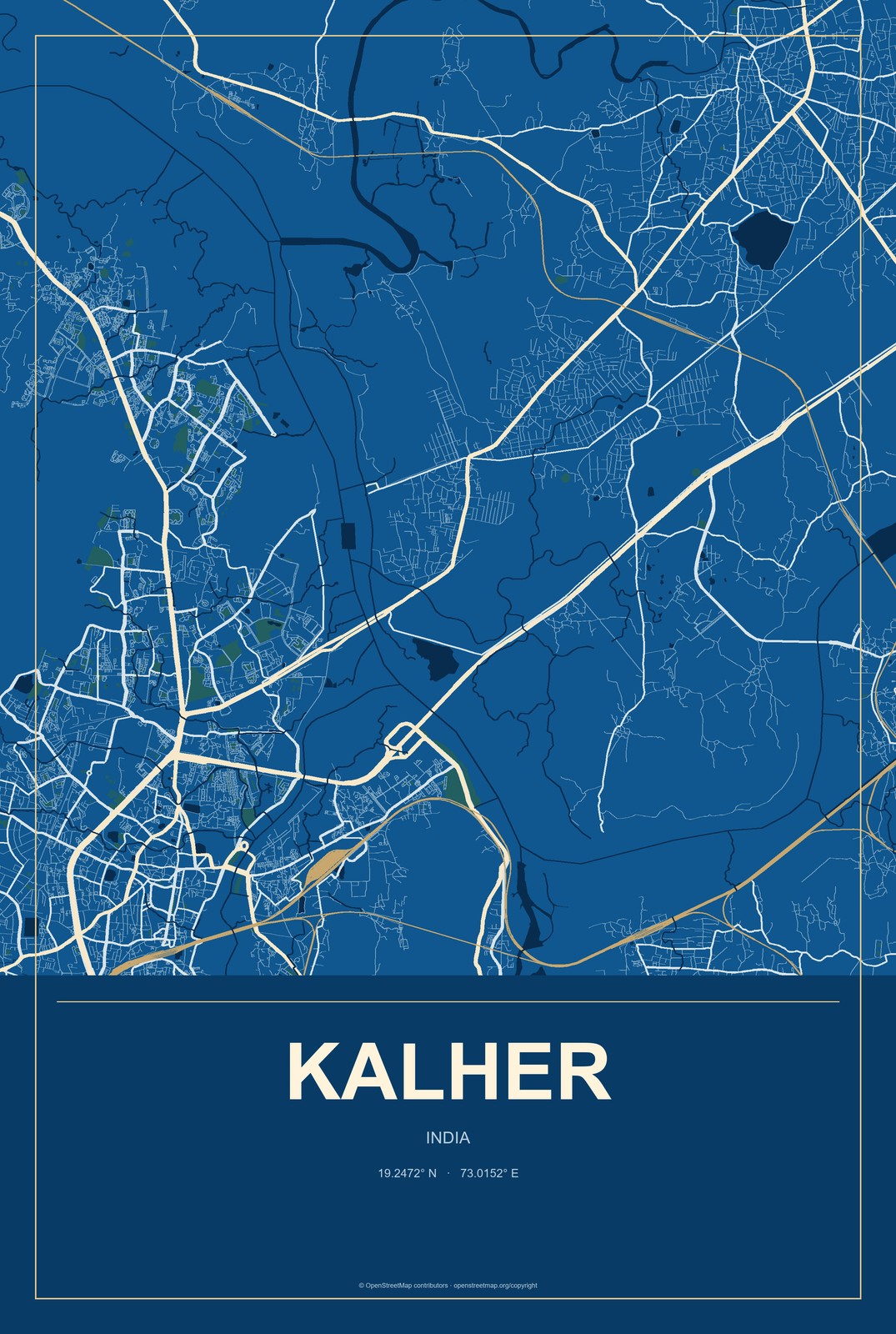 Kalher, India City Map Aluminum Sign in Harbor Cobalt style