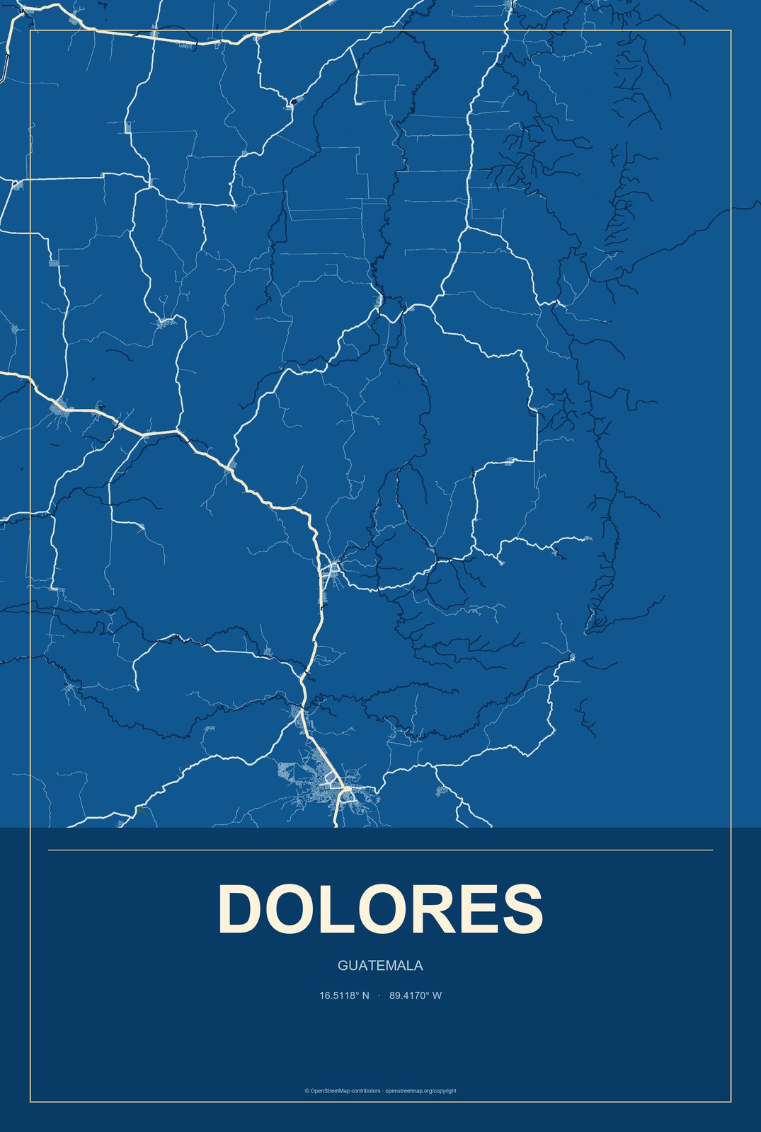 Dolores, Guatemala City Map Aluminum Sign in Harbor Cobalt style