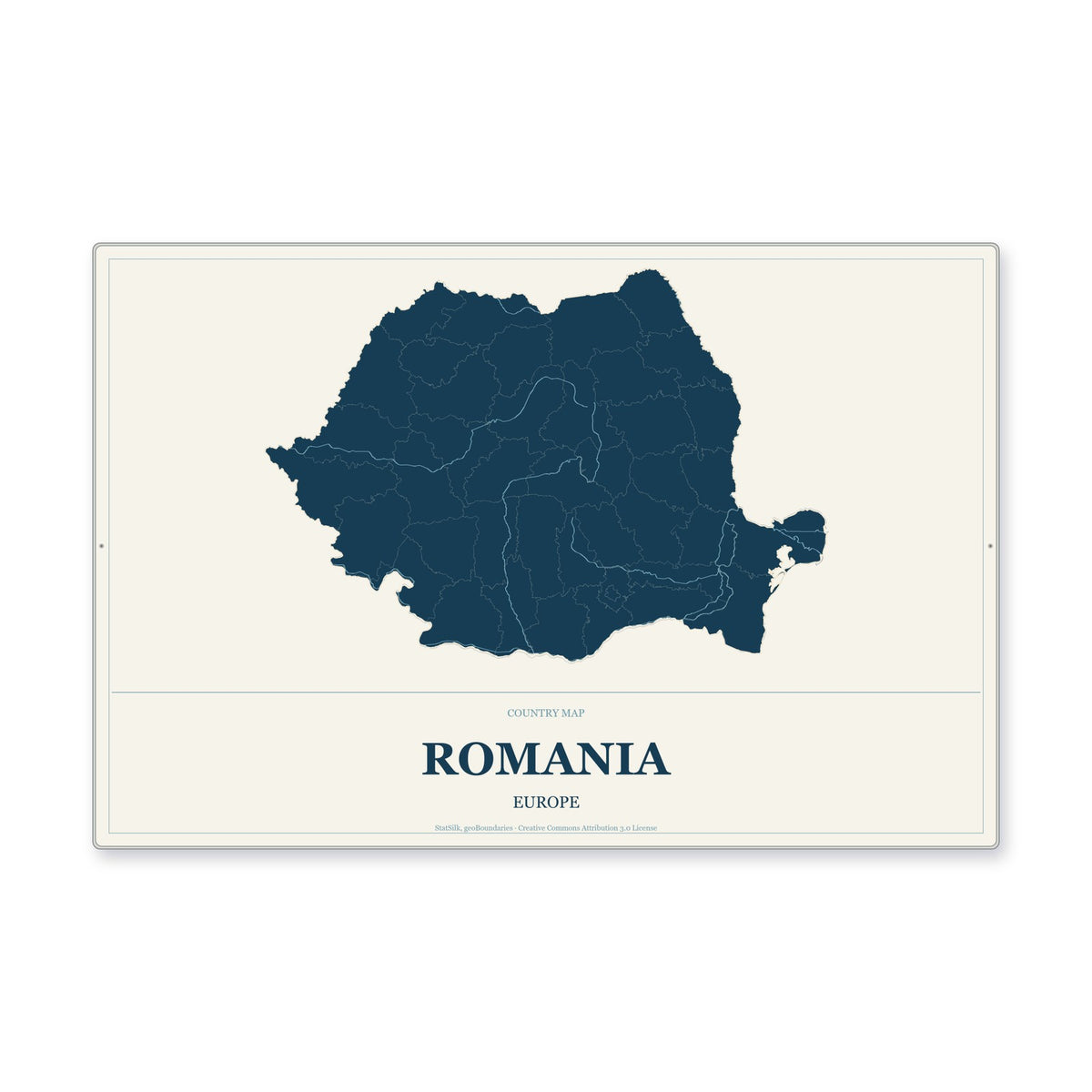 Romania Country Map Aluminum Sign in Coastal Cutout style