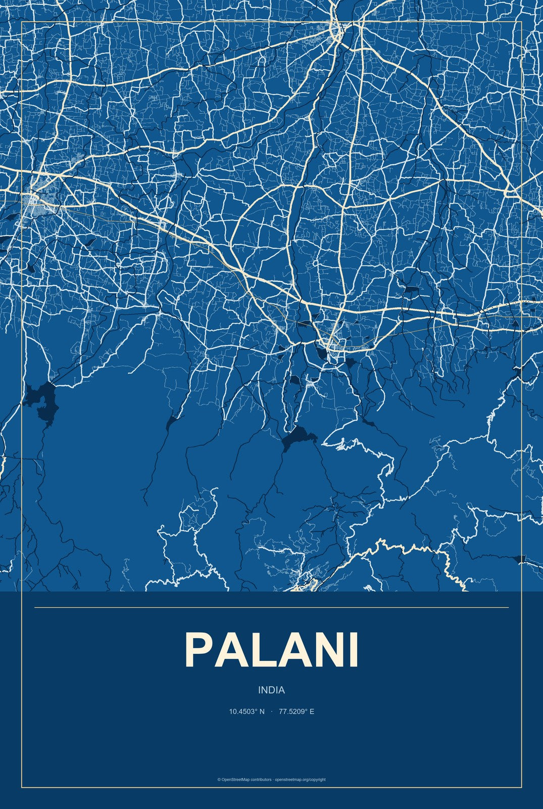 Palani, India City Map Aluminum Sign in Harbor Cobalt style