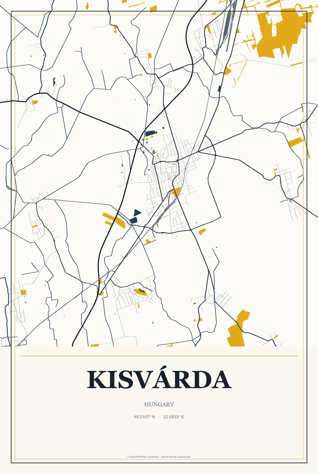 Kisvárda, Hungary City Map Aluminum Sign in Citrine Modern style