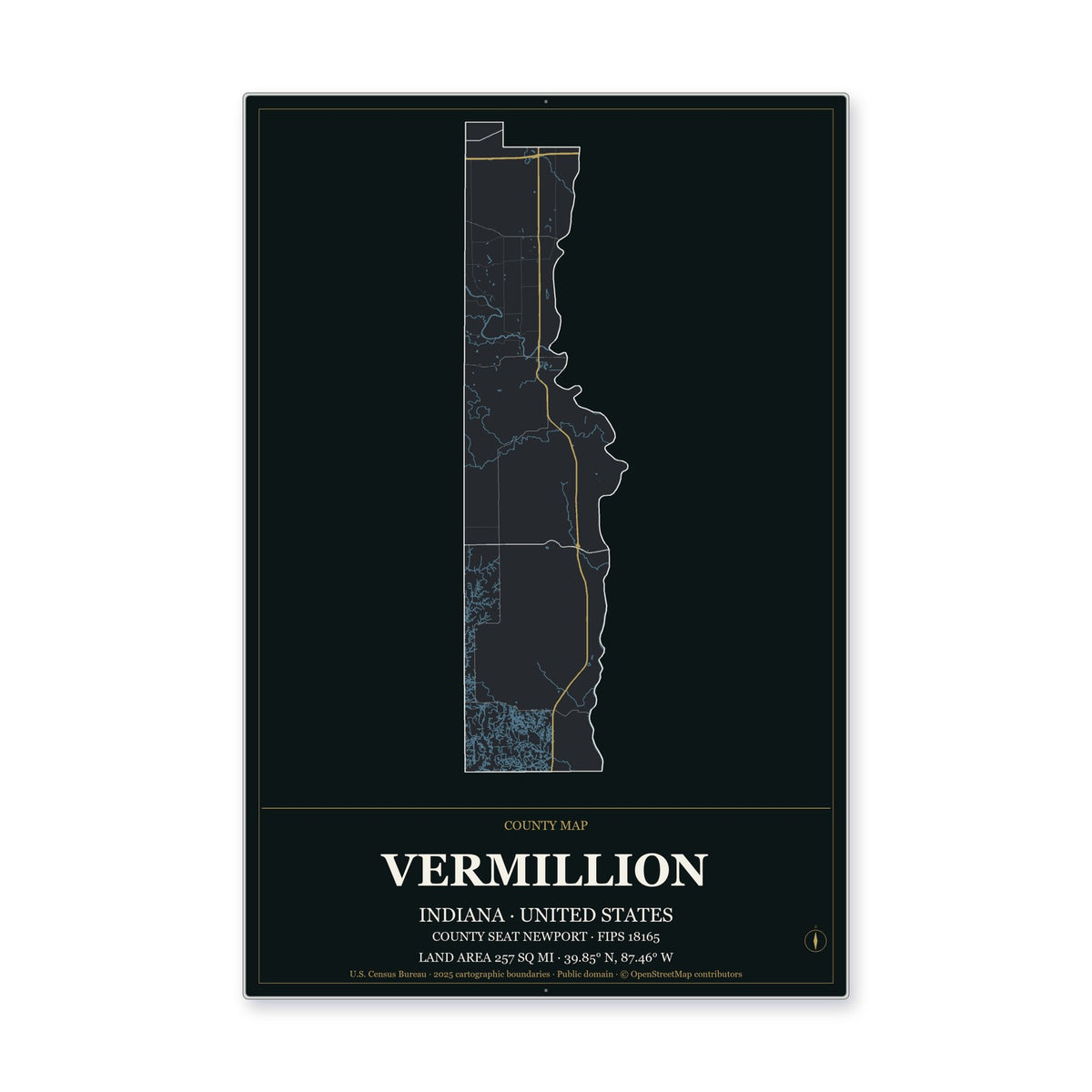 Vermillion County, Indiana Map Aluminum Sign in Metropolitan Noir style