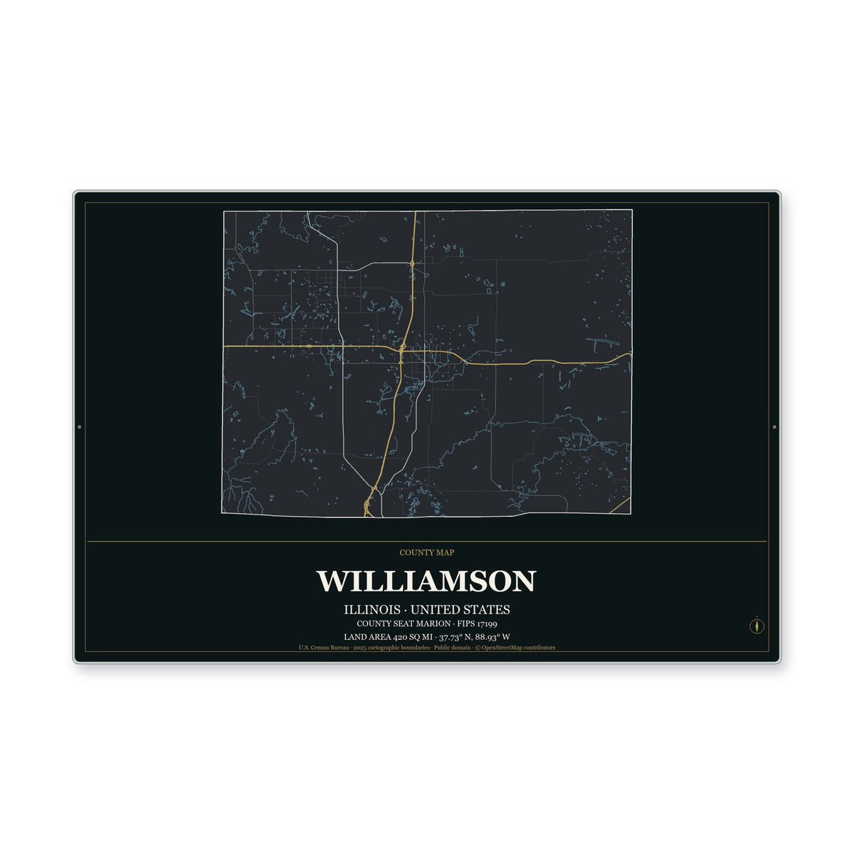 Williamson County, Illinois Map Aluminum Sign in Metropolitan Noir style