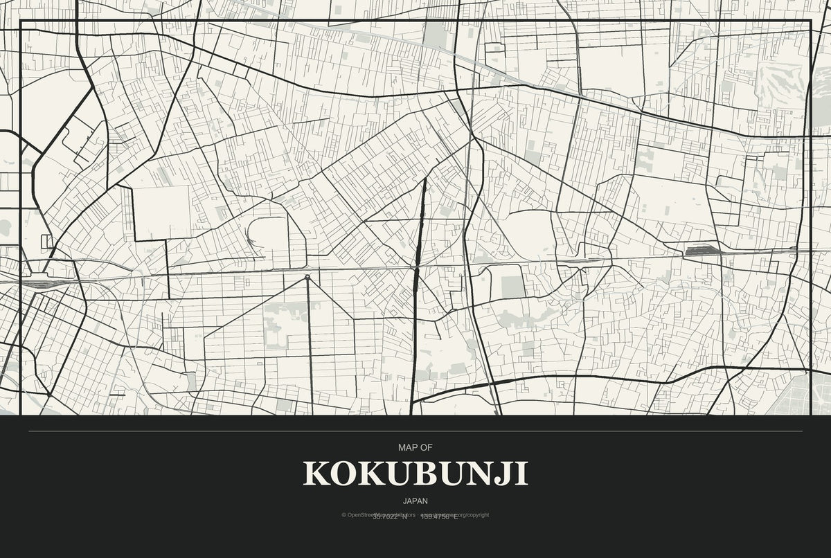 Kokubunji, Japan City Map Aluminum Sign in Museum Plaque style