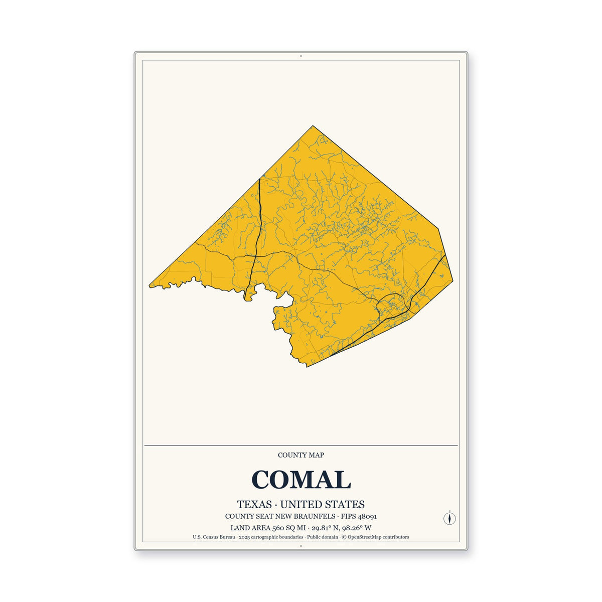 Comal County, Texas Map Aluminum Sign in Citrine Modern style