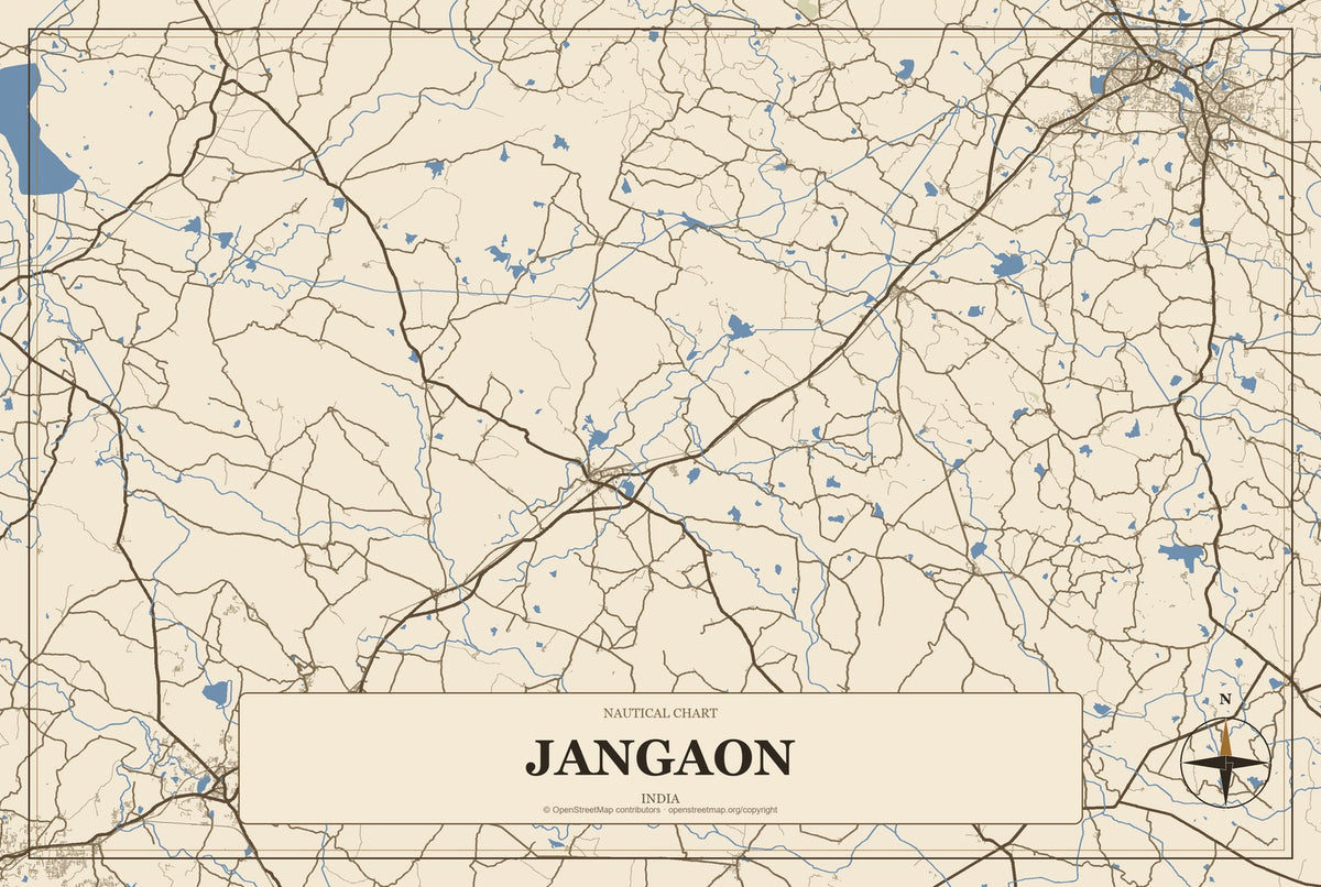 Jangaon, India City Map Aluminum Sign in Heritage Nautical style