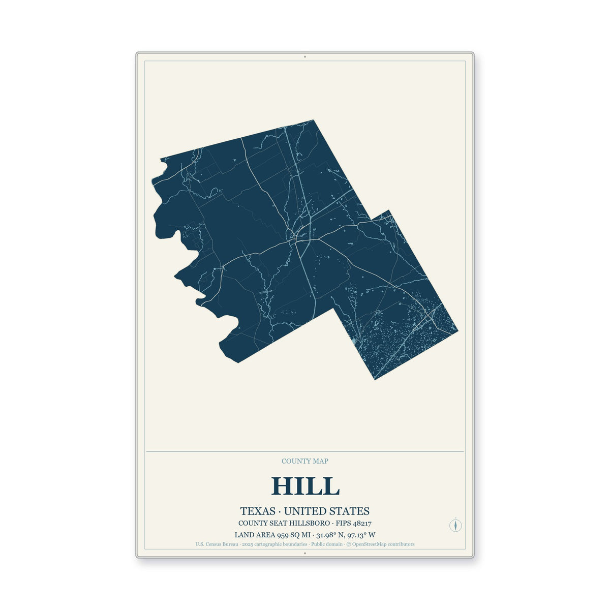 Hill County, Texas Map Aluminum Sign in Coastal Cutout style