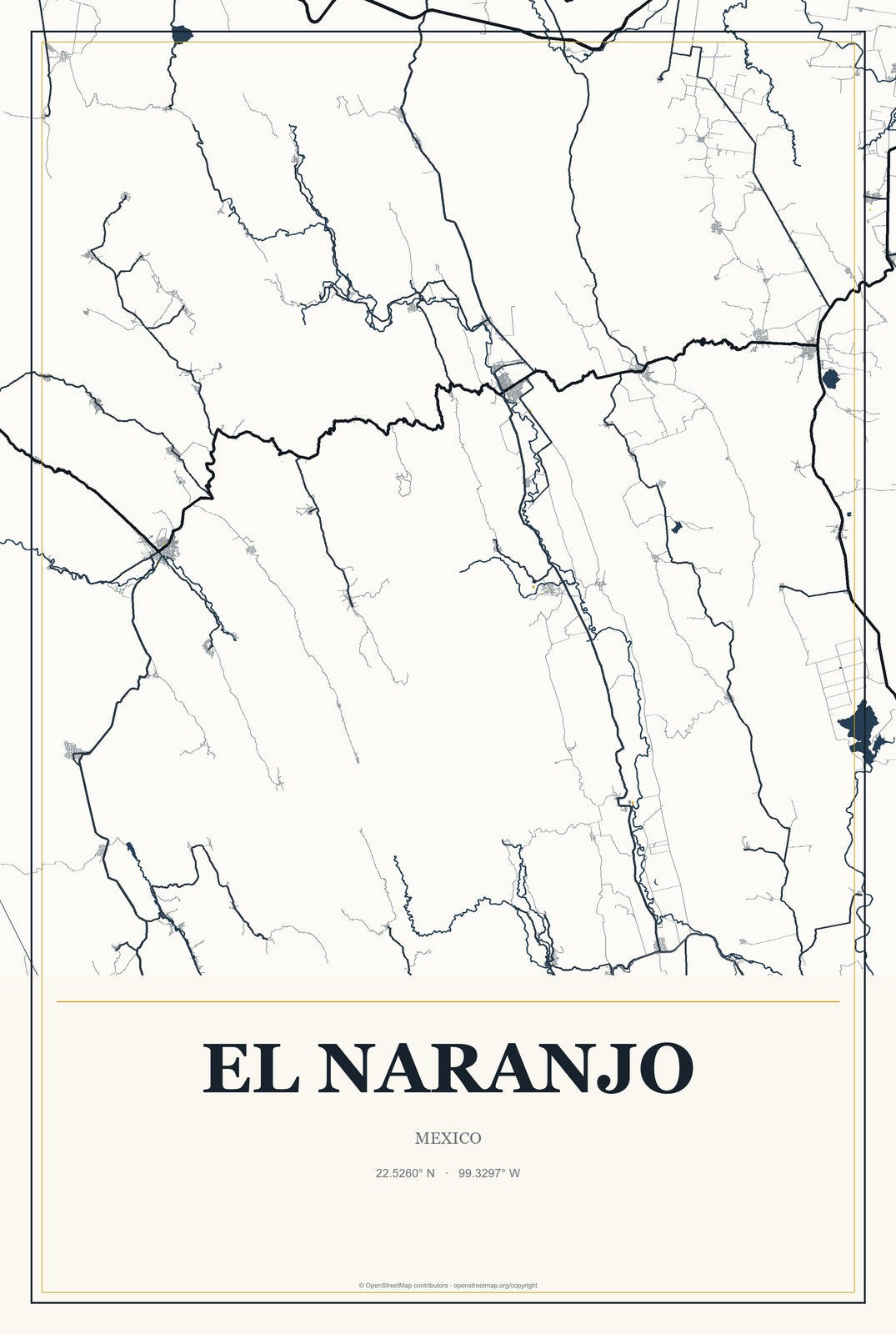 El Naranjo, Mexico City Map Aluminum Sign in Citrine Modern style