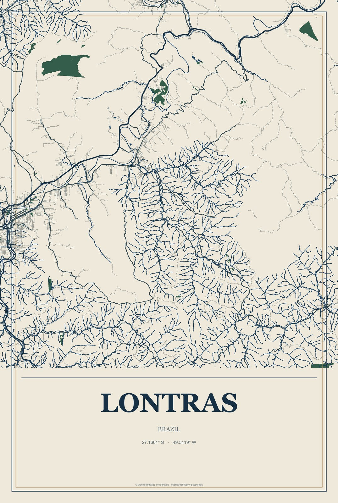 Lontras, Brazil City Map Aluminum Sign in Coastal Cutout style
