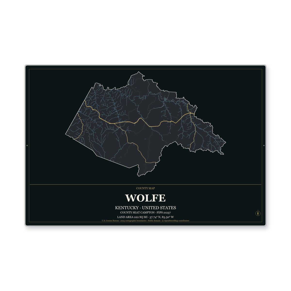 Wolfe County, Kentucky Map Aluminum Sign in Metropolitan Noir style