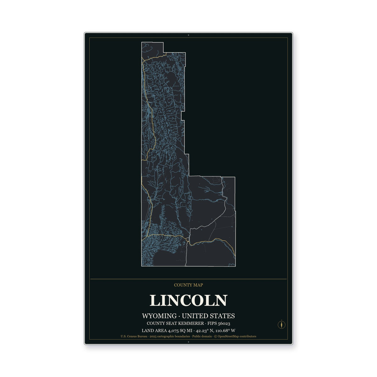 Lincoln County, Wyoming Map Aluminum Sign in Metropolitan Noir style