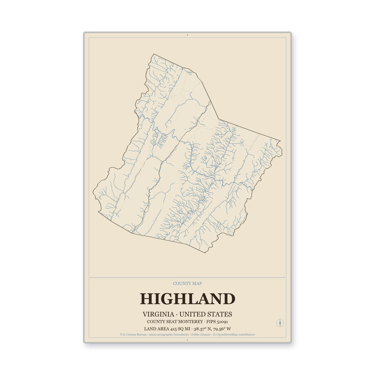 Highland County, Virginia Map Aluminum Sign in Heritage Nautical style