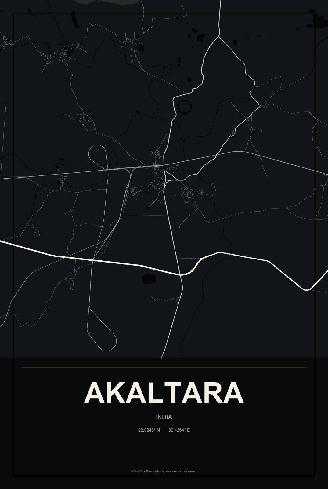Akaltara, India City Map Aluminum Sign in Metropolitan Noir style