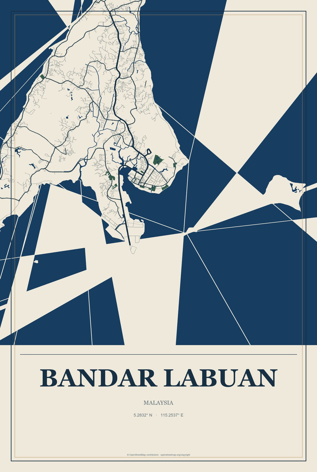 Bandar Labuan, Malaysia City Map Aluminum Sign in Coastal Cutout style