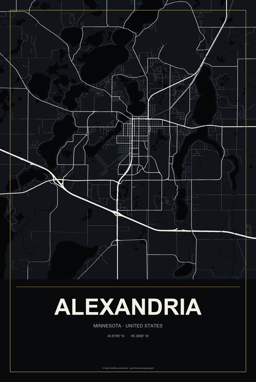 Alexandria, Minnesota City Map Aluminum Sign in Metropolitan Noir style