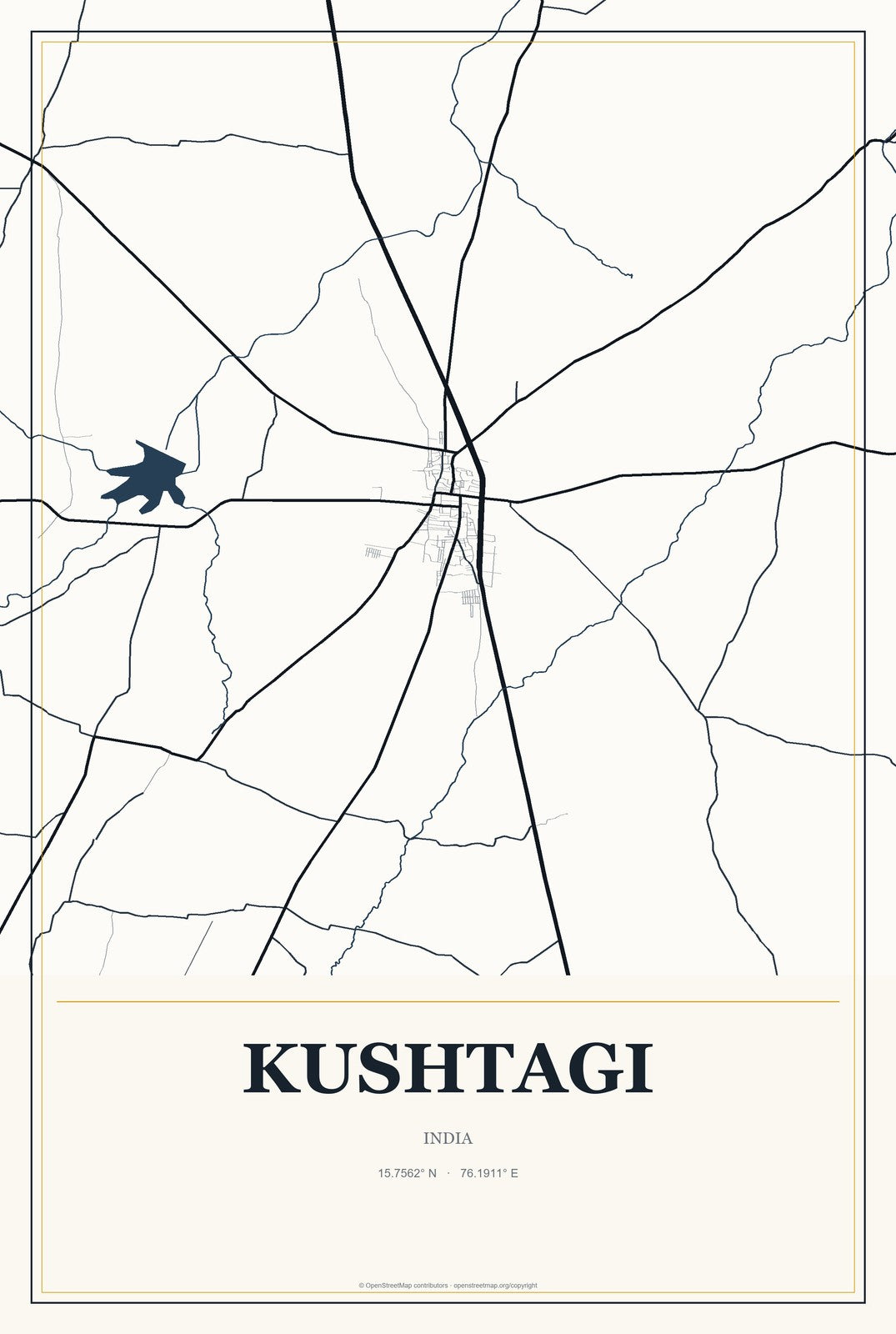 Kushtagi, India City Map Aluminum Sign in Citrine Modern style