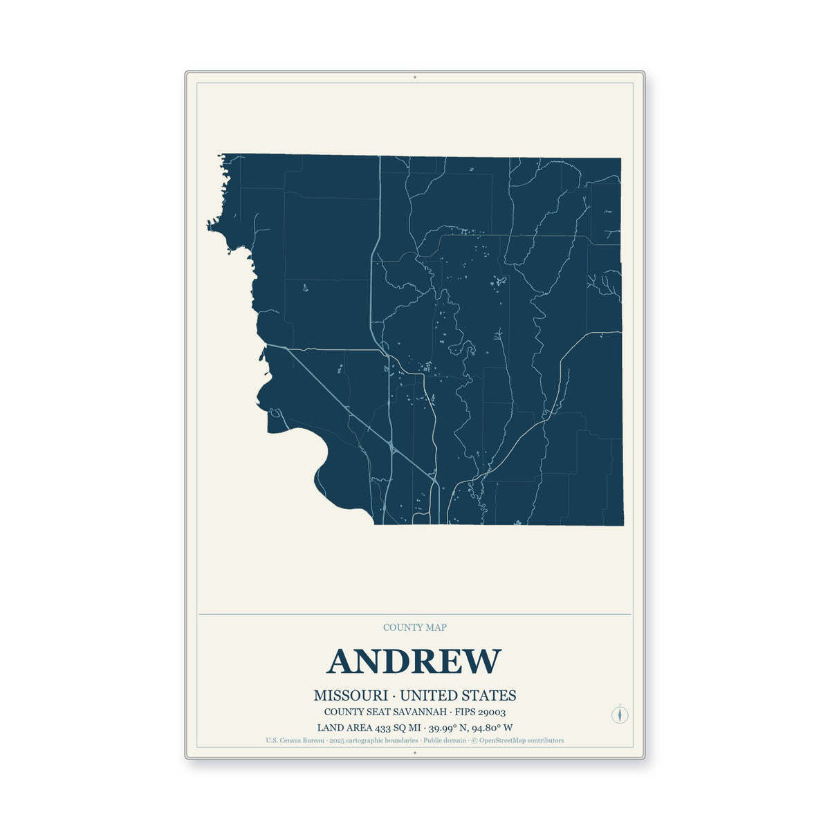 Andrew County, Missouri Map Aluminum Sign in Coastal Cutout style