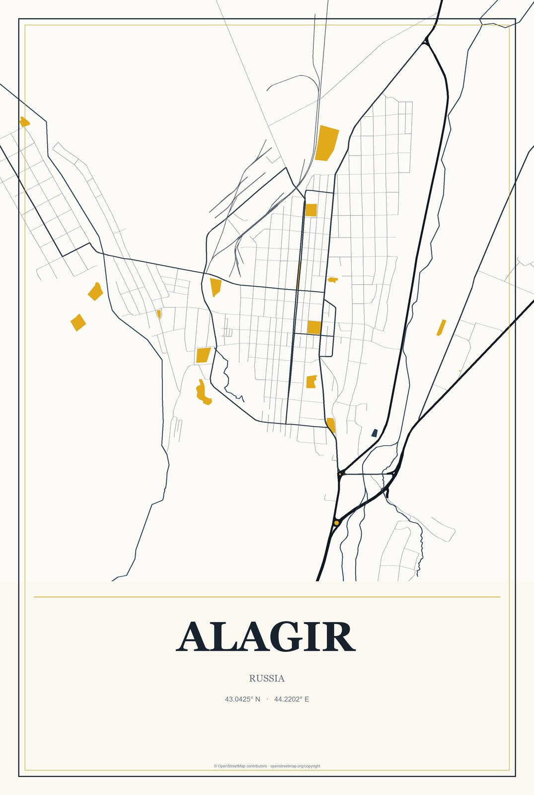 Alagir, Russia City Map Aluminum Sign in Citrine Modern style