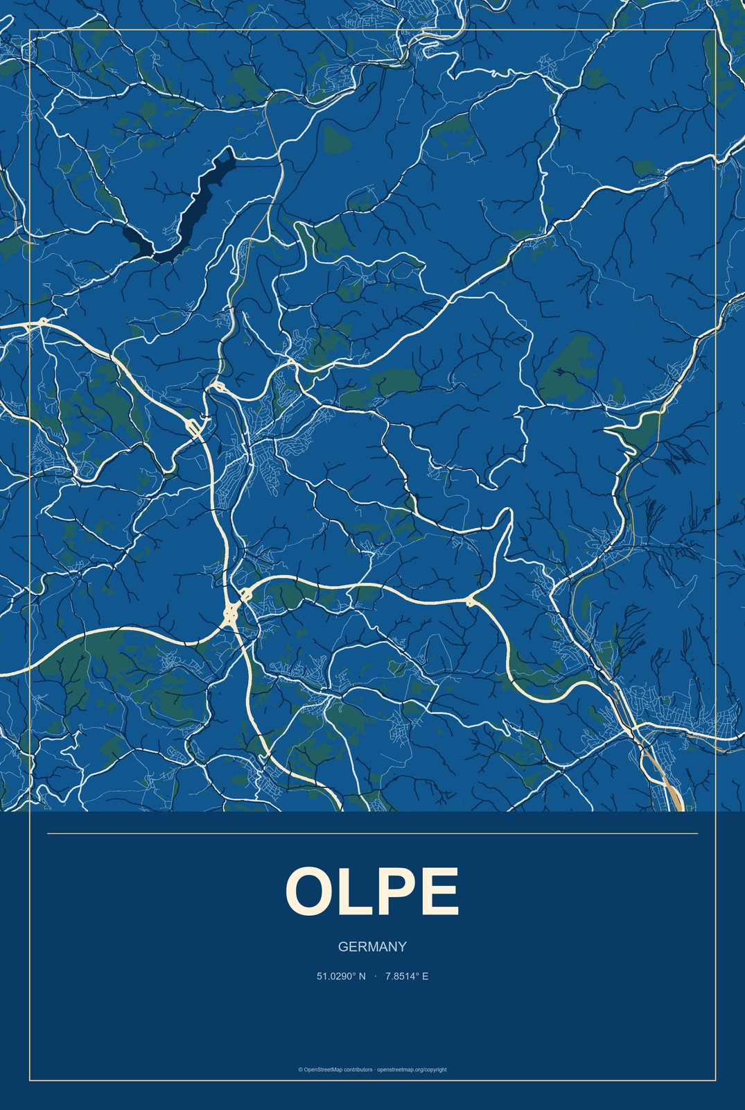 Olpe, Germany City Map Aluminum Sign in Harbor Cobalt style