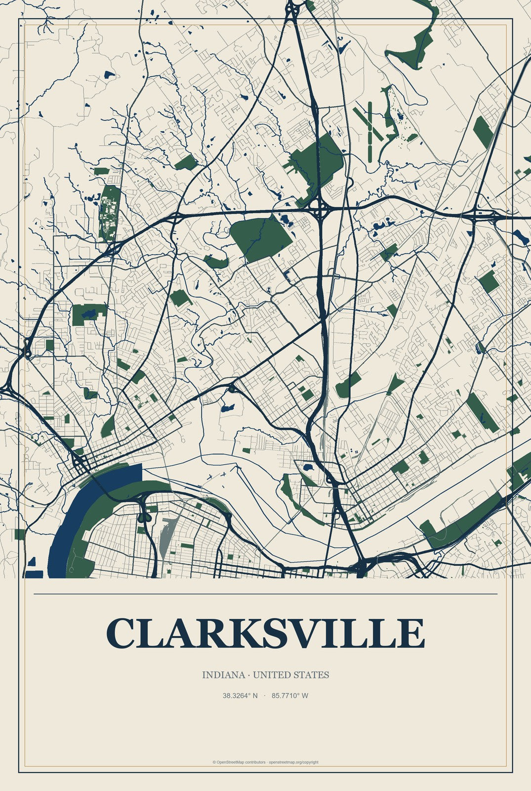 Clarksville, Indiana City Map Aluminum Sign in Coastal Cutout style