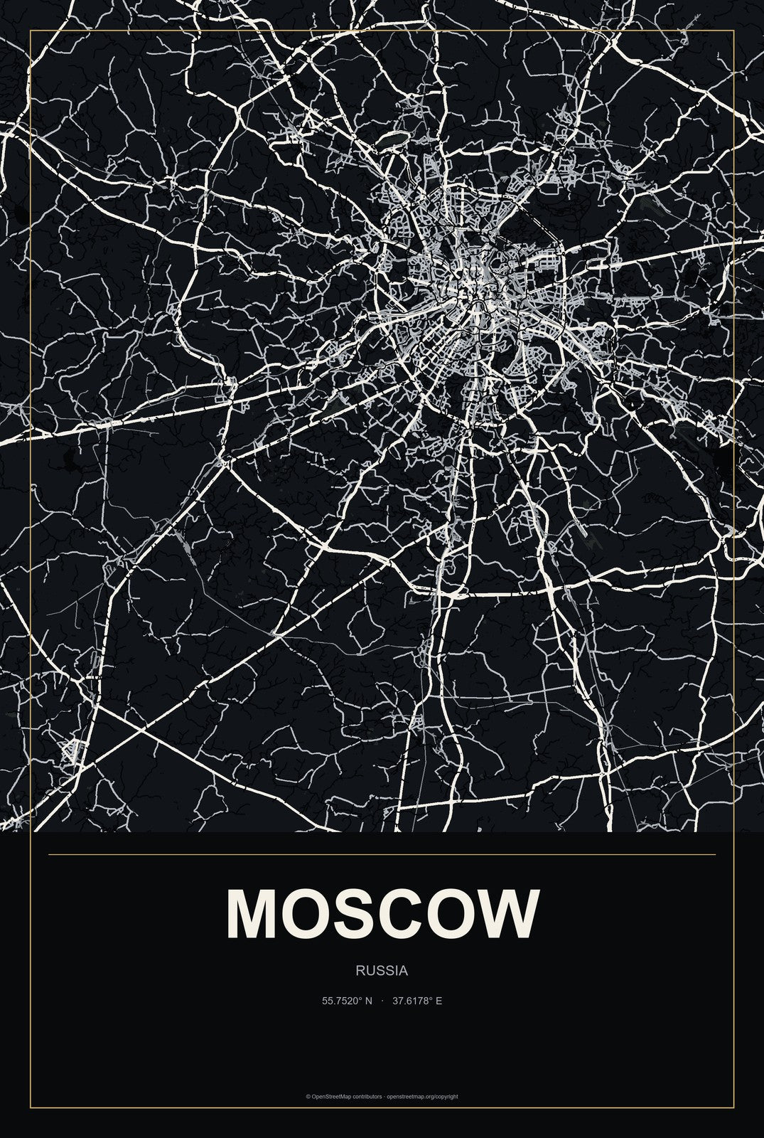 Moscow, Russia City Map Aluminum Sign in Metropolitan Noir style