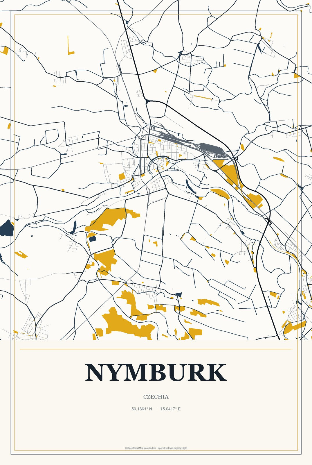 Nymburk, Czechia City Map Aluminum Sign in Citrine Modern style