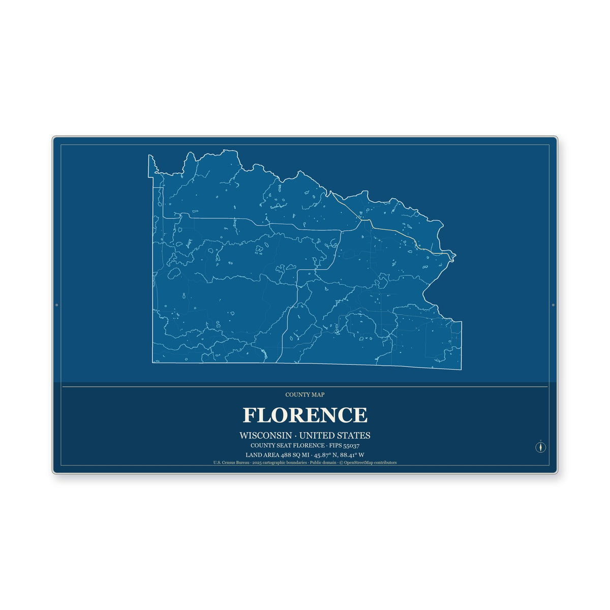 Florence County, Wisconsin Map Aluminum Sign in Harbor Cobalt style