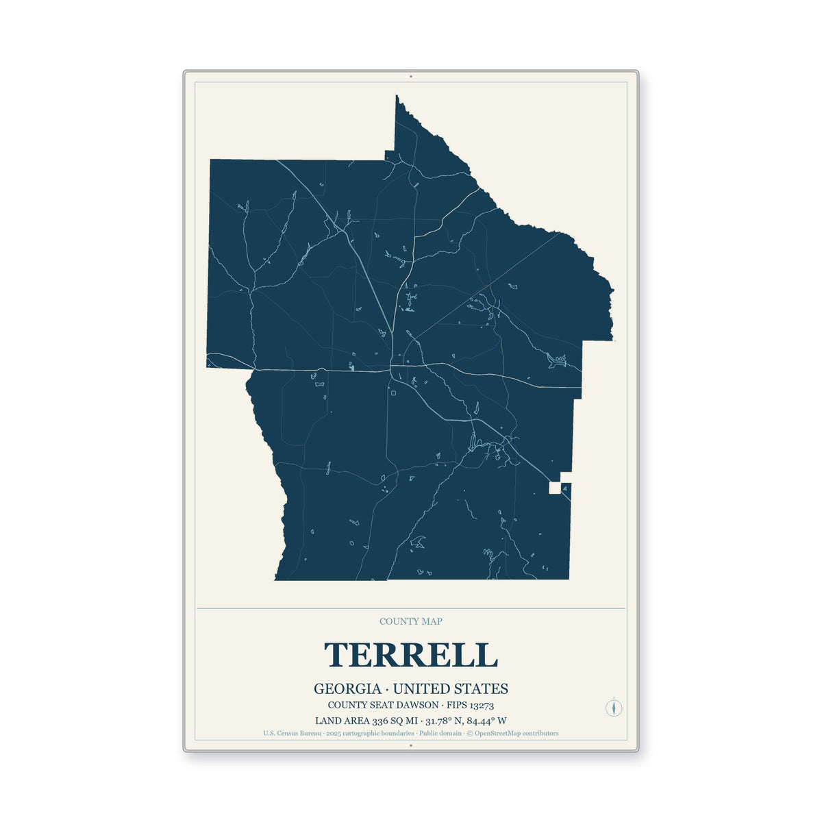 Terrell County, Georgia Map Aluminum Sign in Coastal Cutout style