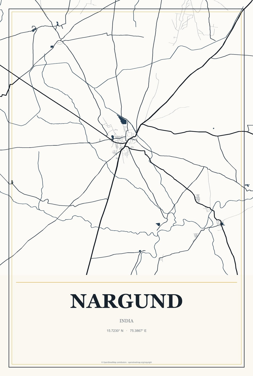 Nargund, India City Map Aluminum Sign in Citrine Modern style
