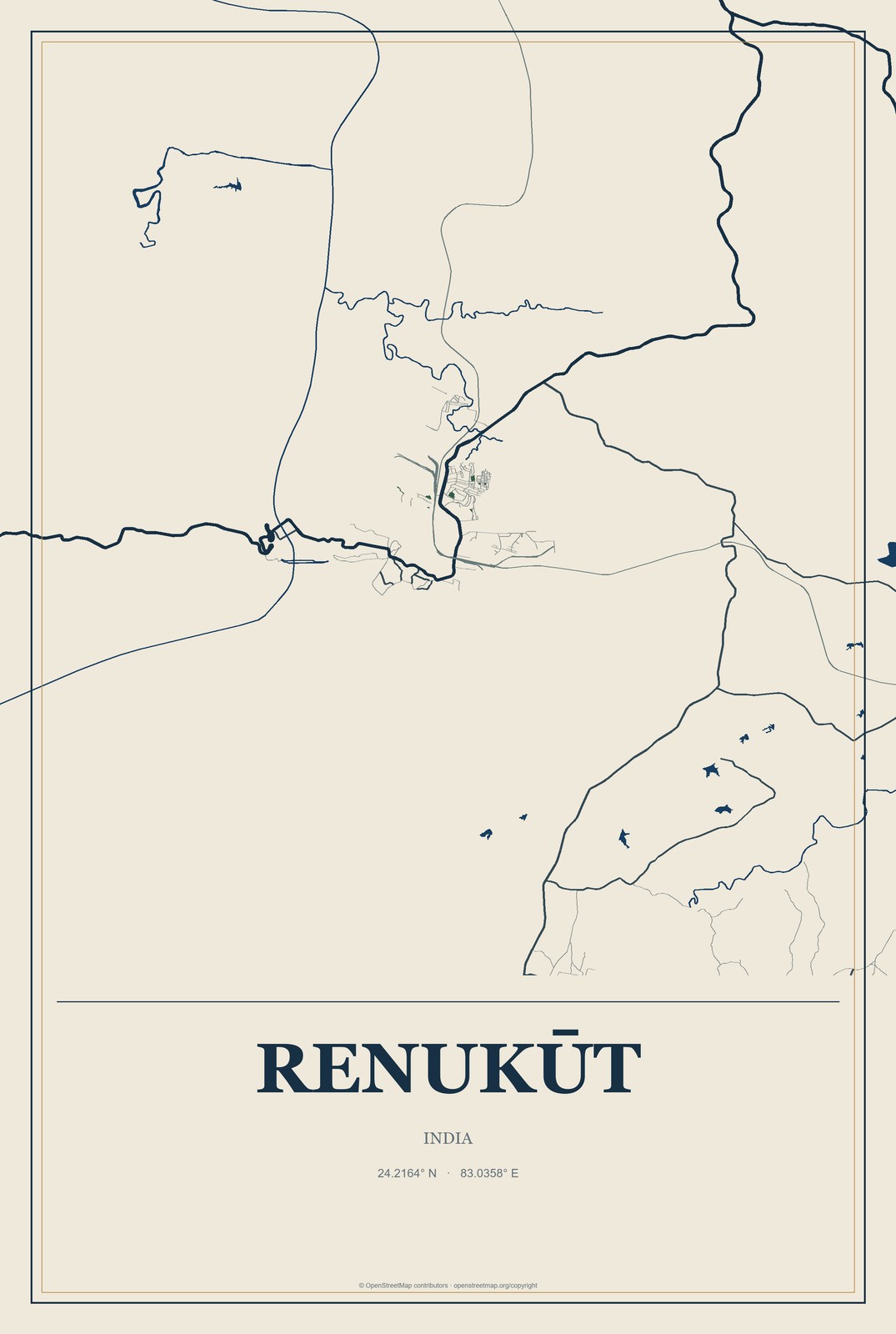Renukūt, India City Map Aluminum Sign in Coastal Cutout style