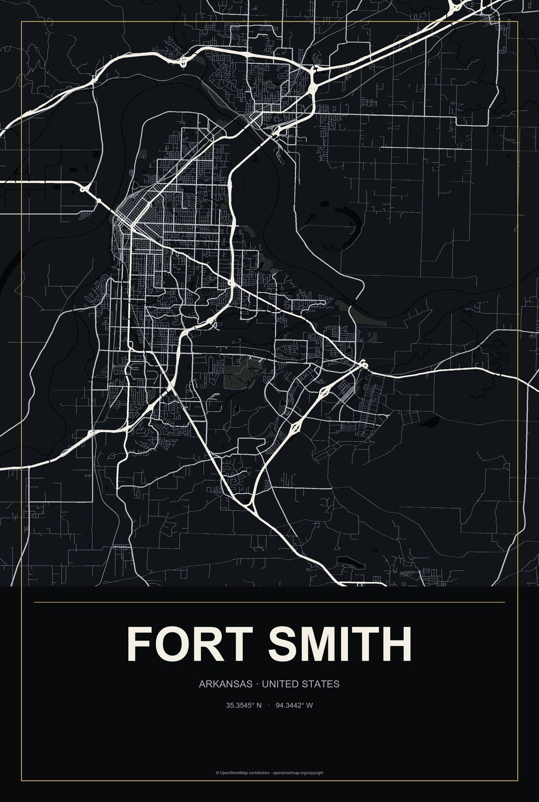Fort Smith, Arkansas City Map Aluminum Sign in Metropolitan Noir style