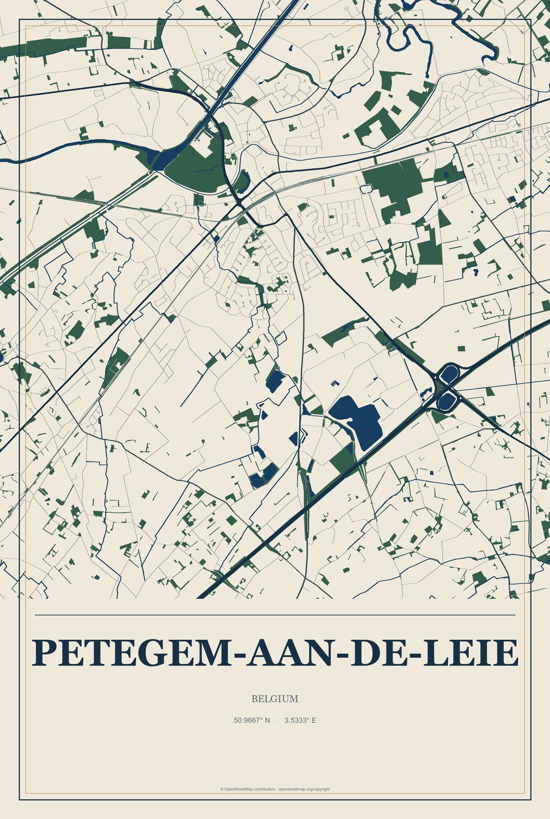 Petegem-aan-de-Leie, Belgium City Map Aluminum Sign in Coastal Cutout style