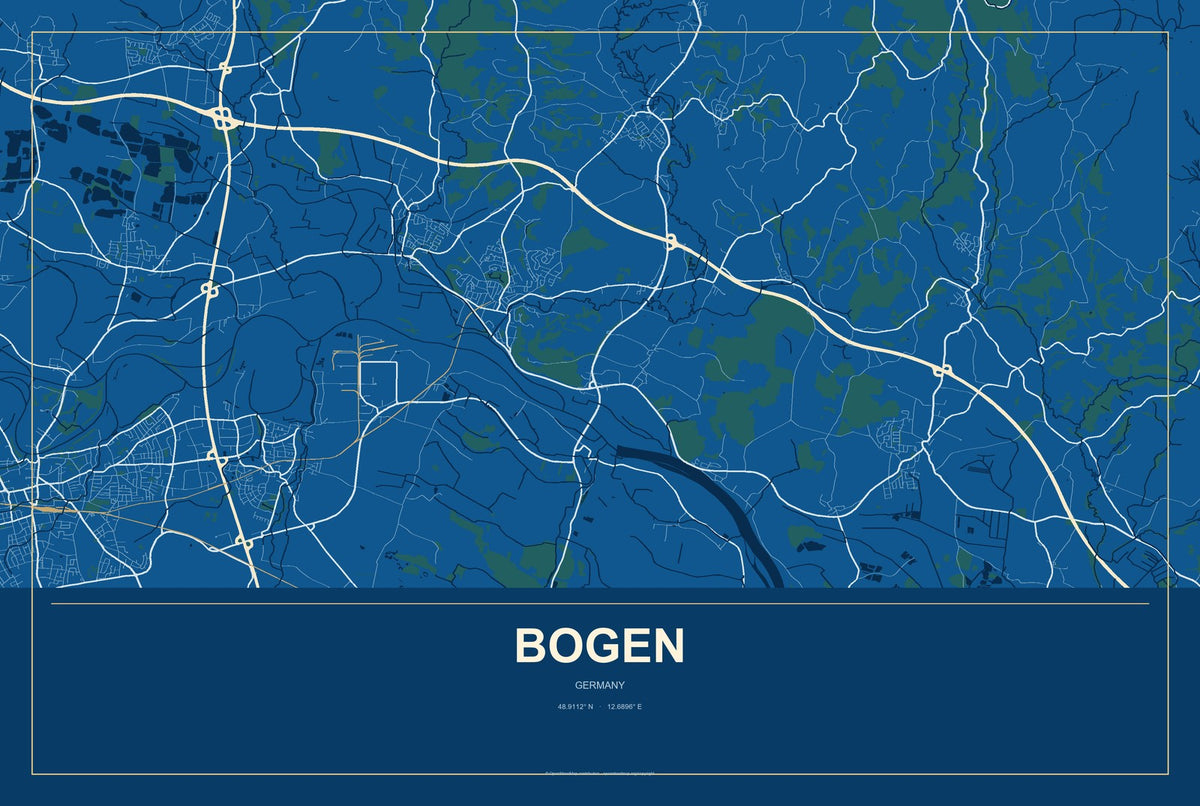 Bogen, Germany City Map Aluminum Sign in Harbor Cobalt style
